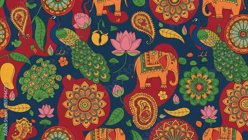 Vibrant indian inspired seamless pattern with elephants peacocks flowers and mandalas on blue