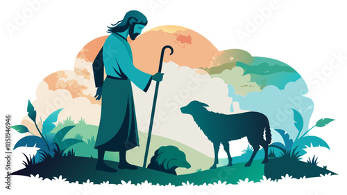 Shepherd tending to sheep in pasture