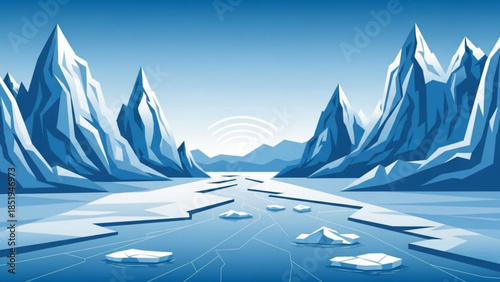 Majestic icy landscape with towering glaciers and floating icebergs in a serene polar