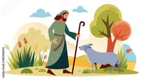 Shepherd tending to a sheep in a pastoral landscape