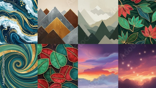 Colorful collage of nature scenes with swirling waves, mountains, leaves, and vibrant sunsets