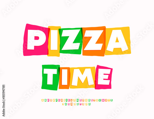 Vector Unique Advertisement Pizza Time for Cafe and Shop. Trendy Creative Font. Colorful Block Alphabet Letters and Numbers set. 