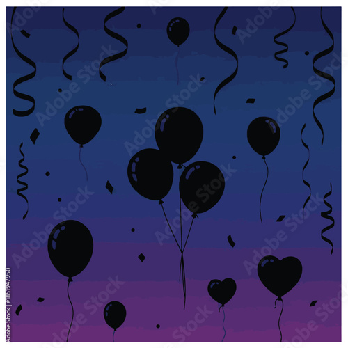 Black balloons and confetti celebration graphic element 