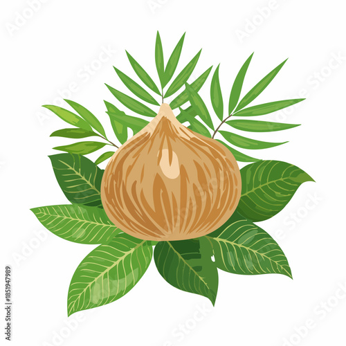 Stylized fruit illustration surrounded by green leaves on a white background