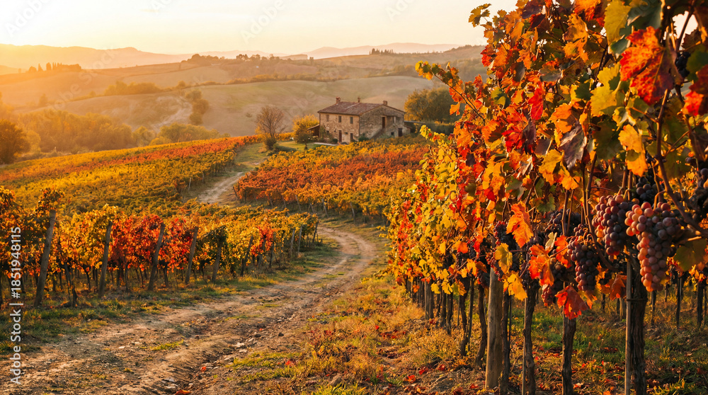 Naklejka premium Autumn vineyard rows at golden hour in rolling hills