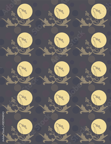 Stylized leaves and unusual flowers on the background of the moon make up a mystical seamless vector pattern on a dark background.