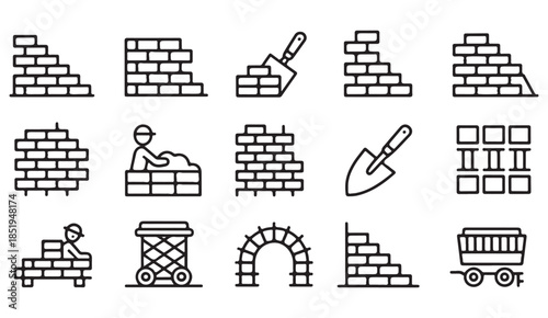 Simple sketch brickwork and building symbols set in monochrome illustration