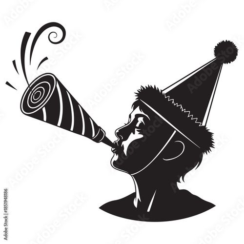 Person in party hat blowing horn celebration concept isolate