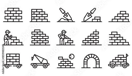 Doodle style construction tools and brick wall symbols set