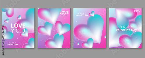 Four Valentine's Day posters with pink, purple, and blue hearts and love messages on a gray background, festive holiday design elements.