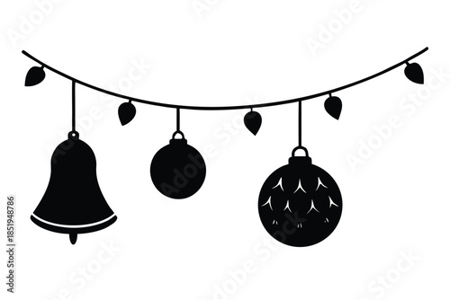 Charming set of festive Christmas bells and shiny baubles adorning a decorative garland, EPS vector illustration.