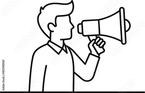Man talking through megaphone in simple line style