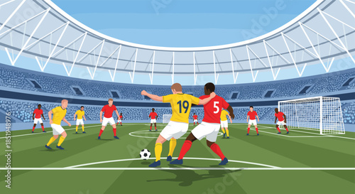 Action soccer players competing on a green field during a football match in a large professional stadium with a goal post.