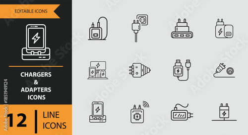 A collection of editable line icons depicting various types of chargers and adapters for electronic devices