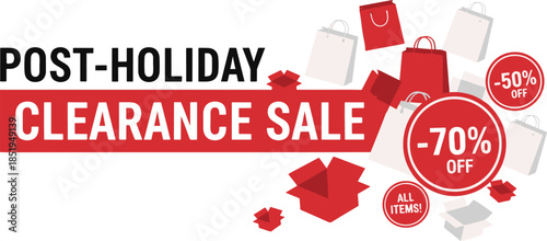 Post-Holiday Clearance Sale Web Banner with Shopping Bags and Discount Tags