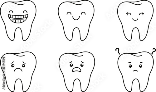 Set of cute kawaii tooth characters in line art featuring various facial expressions and dental braces for pediatric dentistry and oral hygiene education