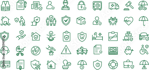 Insurance and assurance icon set. Editable line icons. Vector illustration.