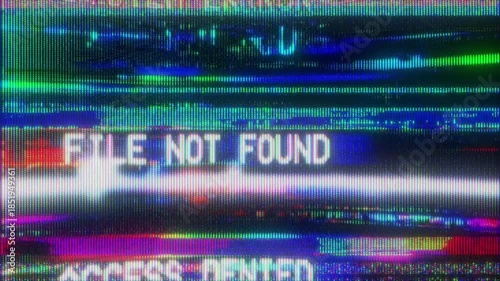 4K CRT glitch error screen animation, FILE NOT FOUND message on distorted digital interface, RGB scanlines, noise interference and chromatic signal breakup, corrupted system display, abstract screen