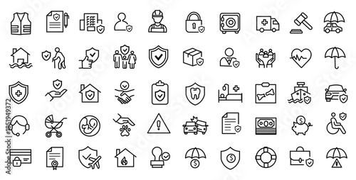 Insurance and assurance icon set. Editable line icons. Vector illustration.