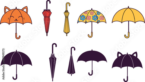 Set of cute umbrella icons and silhouettes featuring cat themed design floral patterns and folded umbrellas for weather and autumn fashion concepts