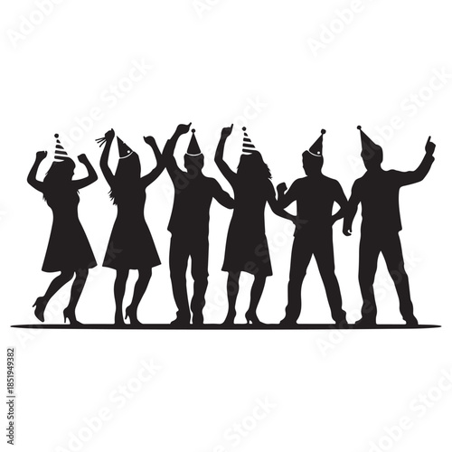 Silhouette of people dancing at a party wearing party hats 