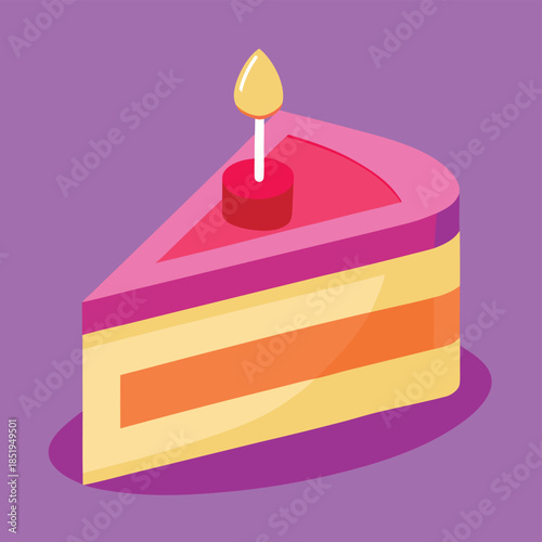A delightful vector illustration of a single birthday cake slice with a lit candle, perfect for celebration invitations and birthday designs.