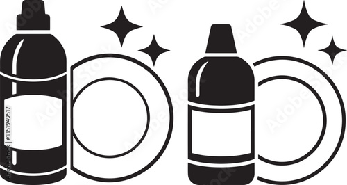 Dish soap bottles and plates with sparkles for cleaning