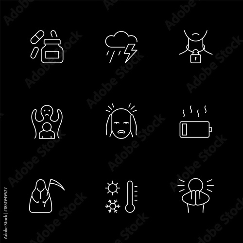 Set line icons of panic attack isolated on black. Anxiety, drug or pill, suffocation, fear, chill or heat, death phobia, low energy, depression, mental problem. Vector illustration