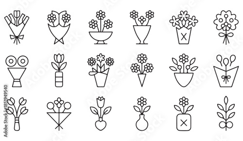 Doodle style flower and plant symbols set in black line art