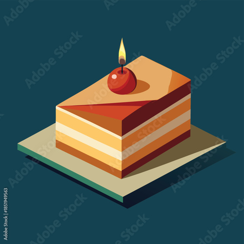 Simple vector graphic of a birthday cake slice with a lit candle, a sweet and cheerful symbol for birthday cards and festive event designs.