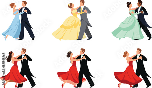 Set of diverse elegant couples in formal wear performing romantic ballroom dances including waltz waltz and tango for wedding events.