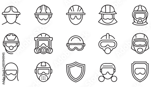 Doodle style protective helmet and mask symbols set