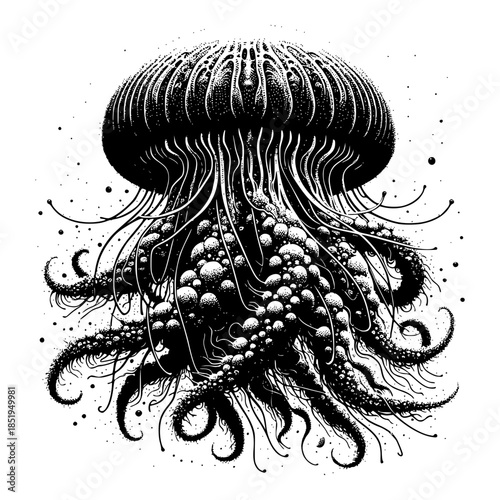 black and white, stippled, abstract, surreal, psychedelic, fantasy, jellyfish, tentacles vector illustration image