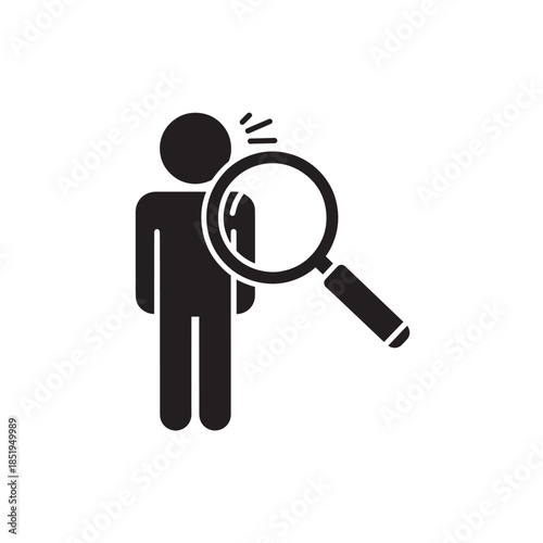 Black silhouette of person with magnifying glass examining head white