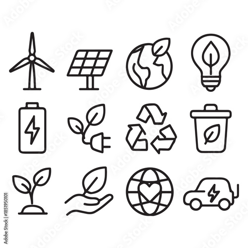 Containing renewable energy, ecology, and green electricity. Ecology energy icon set vector