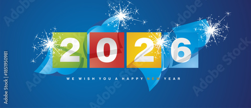 Happy New Year 2026 greeting card design template on blue background. Concept of the beginning of the New Year 2026. Highly transparent pages turn in the wind and a new colorful calendar year begins