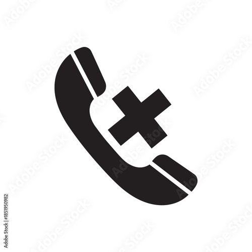 Black telephone receiver icon with a cross symbol call cancel