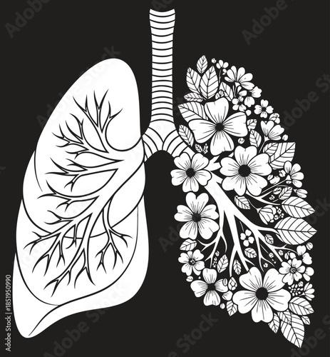 Anatomy, Floral Lungs, Vector Art Design For Respiratory Health Awareness, Nature Flowers, Botanical, Medical Illustration.