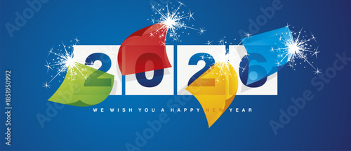 Happy New Year 2026 greeting card design template on blue background. Concept of the beginning of the New Year 2026. Colorful transparent pages turn in the wind and a new calendar year begins