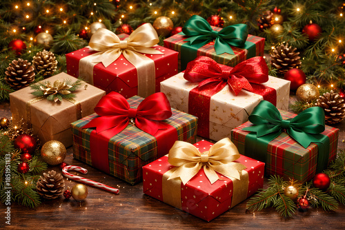 Festive Christmas Gift Boxes with Red, Green, and Gold Ribbons on Wooden Table