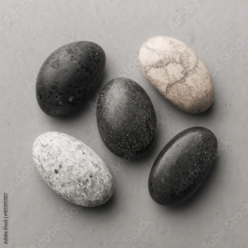 Black pebble and white pebble on gray surface. Polished stones with natural texture 