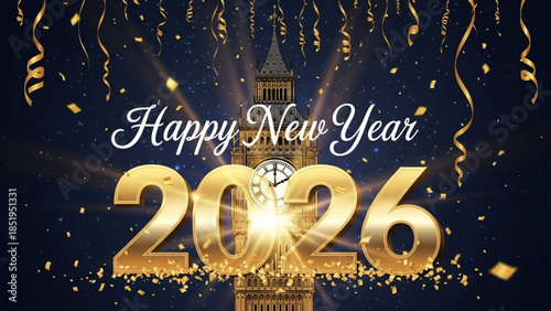 Happy new year 2026 celebration with gold confetti and streamers in front of big ben london