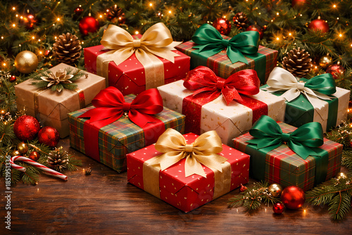 Christmas Gift Boxes with Festive Ribbons and Holiday Decorations on Wooden Table