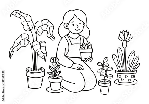 Gardening Woman with Indoor Houseplants Flowerpots and Flowers. Black Outline Hand Drawn Girl Caring for Plants for Coloring Page. Vector Illustration. Not AI