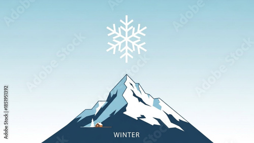 Snowy mountain peak with a snowflake and tent in winter scenery