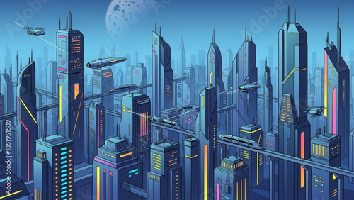 Futuristic cityscape with skyscrapers and flying vehicles on a blue planet with a moon