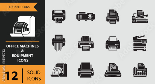 Essential office machines and equipment solid icons for modern workplace productivity