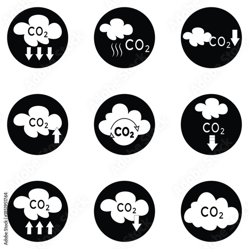 Low Carbon Dioxide and CO2 Emission Icon Set – Vector Collection of Stroke, Flat, and Editable Symbols for Environmental, Climate, and Sustainability Design