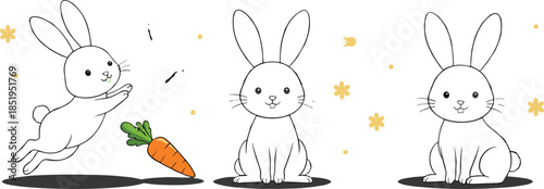 Set of cute bunny rabbit line art illustrations featuring jumping rabbit with carrot and sitting bunny characters for Easter coloring and kids design