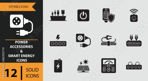 A collection of power accessories and smart energy solid icons for various electrical needs